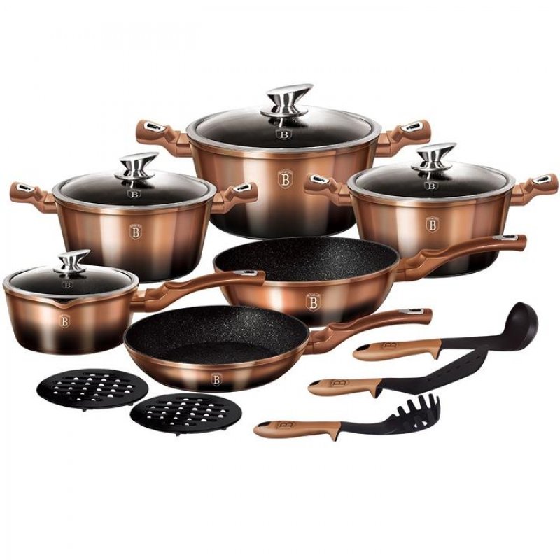 BATTERIE DE CUISINE À REVÊTEMENT DE MARBRE 15 PIÈCES BERLINGER HAUS bh-1900 - OR ROSE