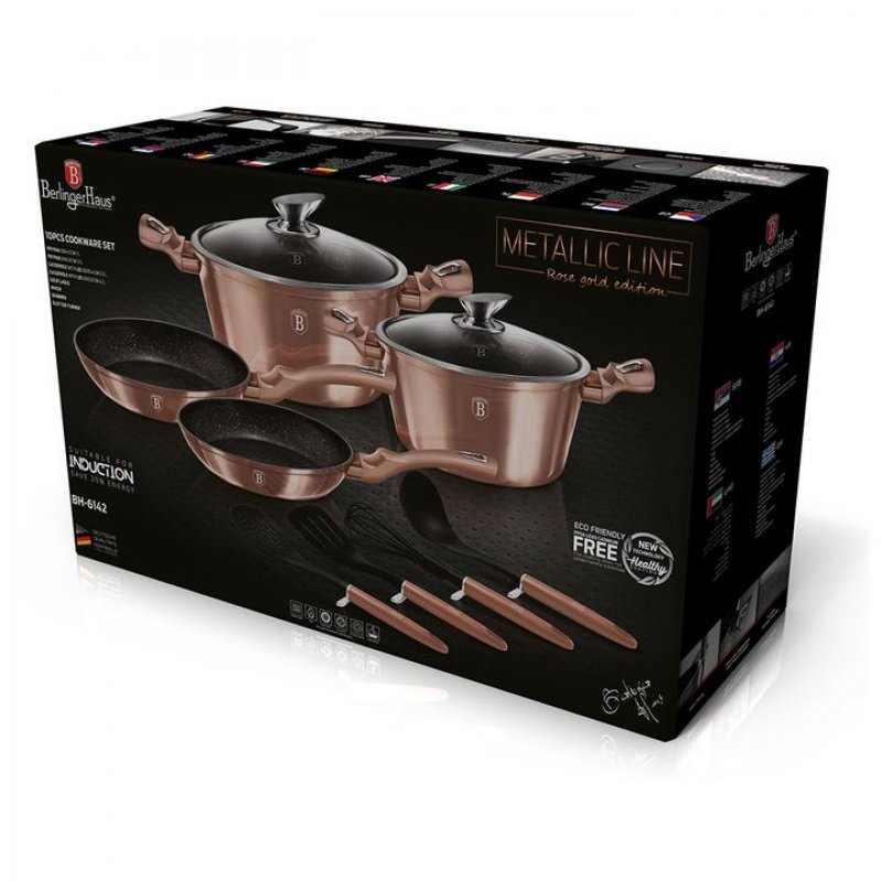 BATTERIE DE CUISINE À REVÊTEMENT DE MARBRE 10 PIÈCES BERLINGER HAUS bh-6142 - OR ROSE MÉTALLISÉ